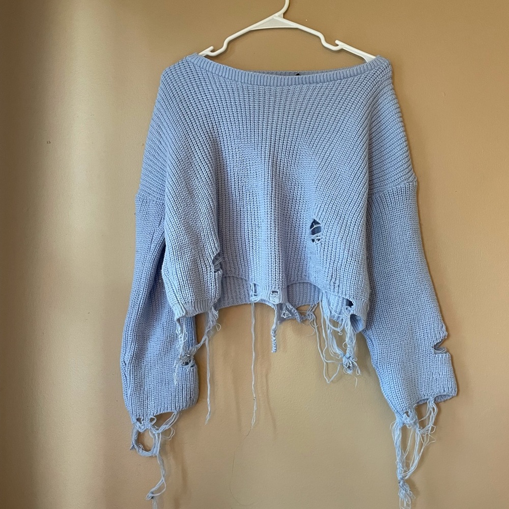 Boohoo Distressed Blue Sweater